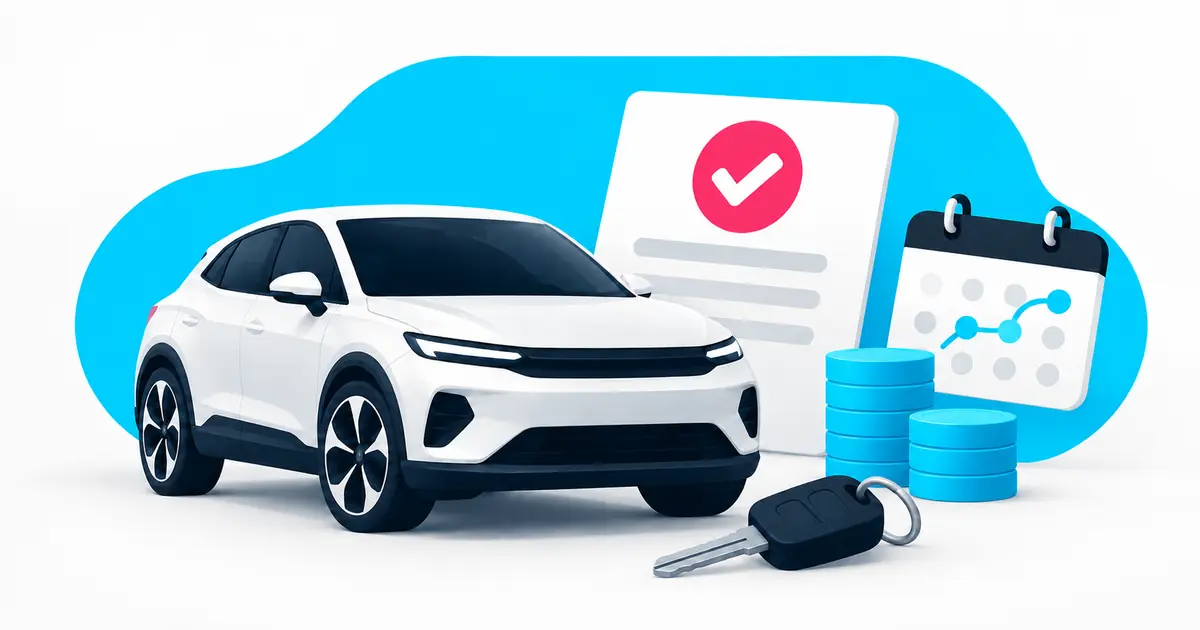 Um comprador analisa um carro elétrico usado com um documento e uma lista de verificações.