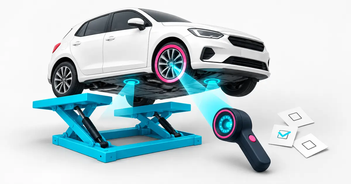 Um carro usado com o capô aberto ao lado de uma lista de verificações antes da compra.